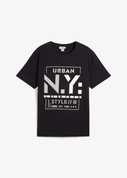 T-shirt z czystej bawełny organicznej. Czarne t-shirty męskie bonprix, m, bez wzorów, z bawełny, bez kołnierzyka. Za 59.99 zł.