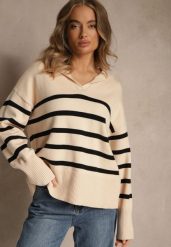 Czarno-Beżowy Sweter w Paski z Dekoltem w Serek z Kołnierzykiem Ralinavia. Czarne swetry klasyczne damskie Renee, s, z jeansu, bez kołnierzyka. Za 99.99 zł.