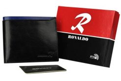 Portfel czarny z niebieską wstawką Ronaldo N01-VT BLACK-BLUE. Czarne portfele męskie RONALDO, bez wzorów, ze skóry. Za 64.99 zł.