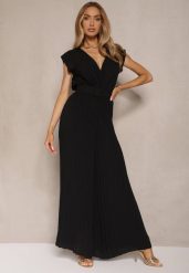 Czarny Kopertowy Kombinezon Wide Leg Zdobiony Plisami i Paskiem z Klamrą Salirella. Czarne kombinezony damskie Renee, l, z aplikacjami, eleganckie, bez kołnierzyka, bez ramiączek. Za 84.99 zł.