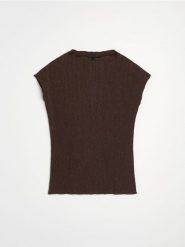 Koszulka z metalizowaną nicią - brązowy. Brązowe t-shirty damskie Sinsay, l, bez wzorów, bez kołnierzyka. Za 29.99 zł.