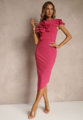Fuksjowa Koktajlowa Asymetryczna Sukienka Vices z Kwiatem 3D i Falbankami Tolelira. Czerwone sukienki damskie Renee, na imprezę, na lato, m, bez wzorów, eleganckie, z asymetrycznym kołnierzem, bez ramiączek, asymetryczne. W wyprzedaży za 90.99 zł.