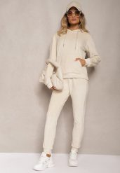 Jasnobeżowy Komplet Dresowy z Weluru Spodnie z Gumką w Pasie i Bluza z Kapturem Lelaria. Brązowe bluzy z kapturem damskie Renee, l, z dresówki. Za 44.99 zł.