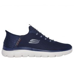 Buty Skechers High Range 232457 Nvy niebieskie. Niebieskie buty sportowe na co dzień męskie z materiału, bez zapięcia. Za 479.69 zł.