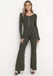Ciemnozielony Wiskozowy Kombinezon Bodycon z Prążkowaniem i Suwakiem Alnorema. Zielone kombinezony damskie Born2be, bez wzorów, prążkowane, eleganckie, bez kołnierzyka, bez ramiączek. Za 129.99 zł.