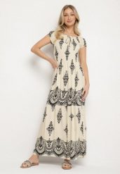 Beżowa Wiskozowa Sukienka z Marszczoną Góra i Wzorem Boho Ellifae. Brązowe sukienki damskie Born2be, na spotkanie biznesowe, l, z aplikacjami, z wiskozy, boho, bez kołnierzyka, bez ramiączek, maxi. Za 69.99 zł.