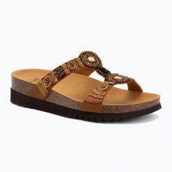 Klapki damskie Scholl New Bogota Wedge Med. Brązowe klapki damskie Scholl, bez wzorów, z gumy, bez obcasa. Za 279.99 zł.