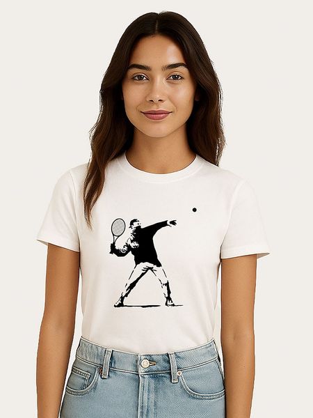 WOOOP Koszulka "Banksy Tennis" w kolorze białym rozmiar: XL. Białe bluzki damskie Wooop, xl, bez wzorów, z bawełny, bez kołnierzyka, bez ramiączek. Za 56.99 zł.