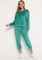 Zielony Welurowy Komplet Dresowy Bluza z Trójkątnym Dekoltem i Spodnie z Kieszeniami Onchia. Zielone bluzy bez kaptura damskie Born2be, l, z dresówki. Za 99.99 zł.