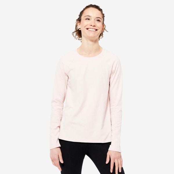 Koszulka z długim rękawem damska Domyos Gym & Pilates 500. Czerwone bluzki damskie DOMYOS, m, z bawełny, bez kołnierzyka, bez ramiączek. Za 49.99 zł.