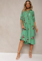 Ciemnozielona Koszulowa Bawełniana Sukienka Zapinana na Guziki Nuramla. Zielone sukienki damskie Renee, na co dzień, na wiosnę, uniwersalny, bez wzorów, z bawełny, eleganckie, bez kołnierzyka, bez ramiączek, midi, kopertowe. W wyprzedaży za 135.99 zł.