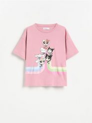 T-shirt Hello Kitty and Friends x The Powerpuff Girls - brudny róż. Czerwone koszulki dziewczęce Reserved, bez wzorów, z bawełny, bez ramiączek. Za 45.99 zł.