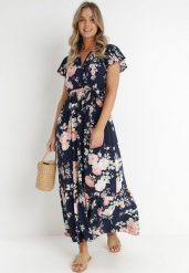 Granatowa Sukienka Thellippe. Niebieskie sukienki damskie Born2be, m, bez wzorów, z tkaniny, eleganckie, bez kołnierzyka, bez ramiączek, maxi, rozkloszowane. W wyprzedaży za 67.99 zł.