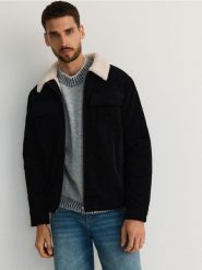 Sztruksowa kurtka sherpa - czarny. Czarne kurtki męskie Reserved, l, bez wzorów, ze sztruksu, bez kaptura. Za 259.99 zł.