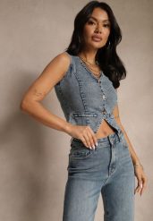 Niebieska Kamizelka Jeansowa z Bawełną Ozdobiona Imitacją Kieszeni Mailirisa. Niebieskie kamizelki damskie Renee, m, z bawełny. Za 44.99 zł.
