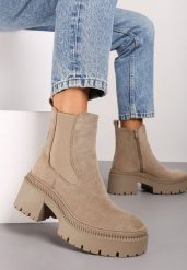 Ciemnobeżowe Botki na Słupku i Platformie Sztyblety Grunge z Elastyczną Cholewką Lericea. Brązowe botki damskie Renee, na jesień, z jeansu, eleganckie, z okrągłym noskiem, bez obcasa, na obcasie, bez zapięcia. Za 149.99 zł.