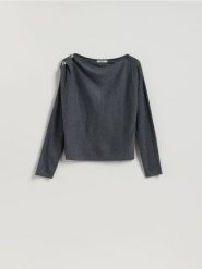 Sweter z błyszczącą aplikacją - ciemnoszary. Szare swetry klasyczne damskie Reserved, l, z dzianiny, bez kołnierzyka. Za 109.99 zł.