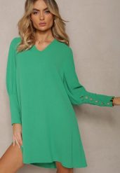 Zielona Pudełkowa Sukienka z Rozkloszowanym Dołem i Bufiastymi Rękawami Kaimana. Zielone sukienki damskie Renee, na imprezę, s, bez wzorów, eleganckie, bez kołnierzyka, bez ramiączek, mini, rozkloszowane. W wyprzedaży za 59.49 zł.