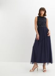 Długa sukienka z aplikacją z cekinów. Niebieskie sukienki damskie bonprix, z aplikacjami, eleganckie, bez kołnierzyka, bez ramiączek, maxi. Za 289.99 zł.