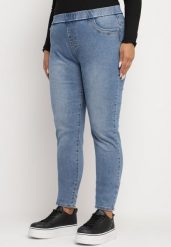 Niebieskie Jeansy Skinny z Gumką w Talii z Wysokim Stanem Neveara. Niebieskie jeansy damskie Born2be, z podwyższonym stanem. Za 64.99 zł.