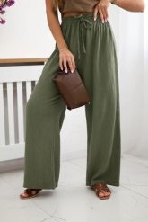 Spodnie muślinowe z szeroką nogawką khaki. Brązowe spodnie materiałowe damskie KESI, bez wzorów, z bawełny, biznesowe, plus size. Za 150.52 zł.