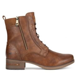 Trzewiki Mustang. Brązowe botki damskie Mustang, bez obcasa, na słupku, bez zapięcia. Za 259.99 zł.