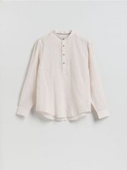 Koszula regular fit z lnem - beżowy. Brązowe koszule męskie Reserved, l, bez wzorów, z bawełny, bez kołnierzyka, bez ramiączek. Za 129.99 zł.