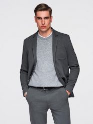 Męska marynarka SLIM z dzianiny o subtelnej strukturze – grafitowa V1. Szare marynarki męskie Ombre Clothing, bez wzorów, z dzianiny. W wyprzedaży za 314.99 zł.