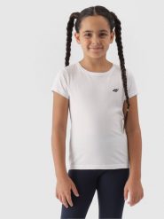 4F T-shirt gładki dziewczęcy - biały 122 (6-7 lat). Białe koszulki dziewczęce 4f, bez wzorów, z bawełny, bez ramiączek. Za 29.99 zł.