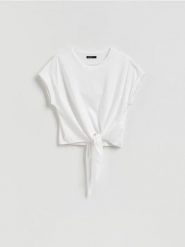 T-shirt z wiązaniem - biały. Białe t-shirty damskie Reserved, l, bez wzorów, z bawełny, bez kołnierzyka. Za 49.99 zł.