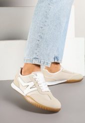 Beżowe Sneakersy Tenisówki z Ozdobną Boczną Naszywką Ranilsa. Brązowe trampki i tenisówki damskie Born2be, z aplikacjami, z jeansu. Za 89.99 zł.