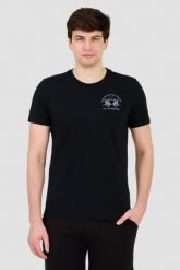 LA MARTINA Czarny męski t-shirt z dużym logo, Rozmiar XL. Czarne t-shirty męskie La Martina, m, bez wzorów, bez kołnierzyka. W wyprzedaży za 190.99 zł.