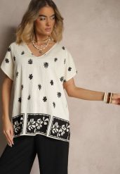 Beżowa Bluzka z Wiskozą z Krótkim Rękawem Typu Nietoperz w Kwiatowy Print Lannelle. Brązowe bluzki damskie Renee, s, bez wzorów, z jeansu, eleganckie, bez kołnierzyka, bez ramiączek. Za 44.99 zł.