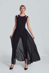 Czarny Kombinezon z Szyfonową Spódnicą. Czarne kombinezony damskie Figl, l, bez wzorów, z materiału, eleganckie, bez kołnierzyka, bez ramiączek. Za 349.00 zł.