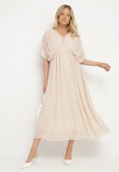 Beżowa Sukienka Rozkloszowana z Wiązaniem na Szyi o Luźnym Kroju Napila. Brązowe sukienki damskie Born2be, na co dzień, l, bez wzorów, eleganckie, bez kołnierzyka, bez ramiączek, maxi, rozkloszowane. W wyprzedaży za 127.99 zł.