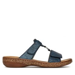 Klapki Rieker. Niebieskie klapki damskie Rieker, bez wzorów, bez obcasa. Za 229.99 zł.