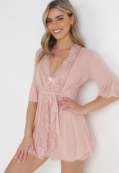 Różowy 3-częściowy Komplet Koszula Nocna Stringi i Szlafrok z Siateczki Maddila. Czerwone koszule nocne damskie Born2be, bez wzorów, z koronki. Za 44.99 zł.