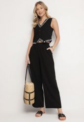 Czarny Komplet Garniturowy z Lnem Kamizelka z Haftem i Szerokie Spodnie Mepanea. Czarne kamizelki damskie Born2be, bez wzorów, eleganckie. Za 149.99 zł.