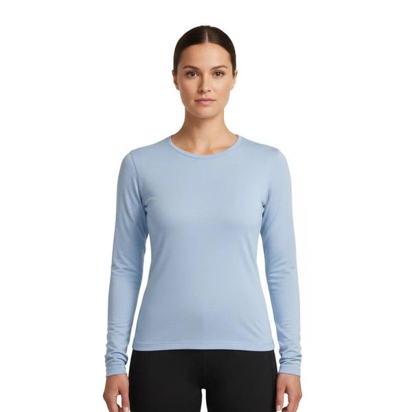 Damski t-shirt z długim rękawem, 100% wełny merynosów - Bjork 210. Niebieskie t-shirty damskie FJORK MERINO, bez wzorów, z wełny, bez kołnierzyka. Za 519.00 zł.