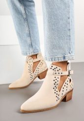 Beżowe Botki na Obcasie w Stylu Kowbojek z Wycięciem i Nitami Eleavira. Brązowe botki damskie Born2be, z jeansu, eleganckie, bez obcasa, na obcasie, bez zapięcia. Za 159.99 zł.