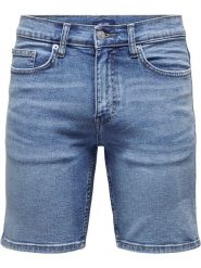 ONLY & SONS Szorty dżinsowe "Weft" w kolorze niebieskim rozmiar: M. Niebieskie szorty męskie Only & Sons, z aplikacjami, z jeansu, klasyczne. Za 65.85 zł.