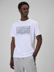 4F T-shirt regular z nadrukiem męski - biały L. Białe t-shirty męskie 4f, l, bez wzorów, z dresówki, bez kołnierzyka. Za 69.99 zł.