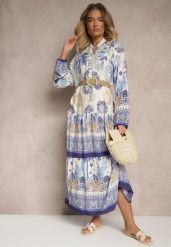 Niebieska Sukienka z Wiskozy Rozkloszowana w Print Boho Aedia. Niebieskie sukienki damskie Renee, na co dzień, l, z aplikacjami, z wiskozy, boho, bez kołnierzyka, bez ramiączek, maxi, rozkloszowane. W wyprzedaży za 79.99 zł.