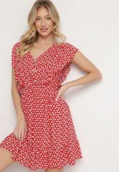 Czerwona Rozkloszowana Sukienka z Bawełny w Kwiaty z Guzikami Ronelle. Czerwone sukienki damskie Born2be, na co dzień, l, bez wzorów, z bawełny, eleganckie, bez kołnierzyka, bez ramiączek, mini, proste. W wyprzedaży za 43.99 zł.
