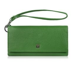 Duży portfel damski skórzany z miejscem na telefon kopertówka zielona Paolo Peruzzi T-141-GB. Zielone portfele damskie bez wzorów, ze skóry, eleganckie, bez kołnierzyka, bez ramiączek. Za 89.00 zł.