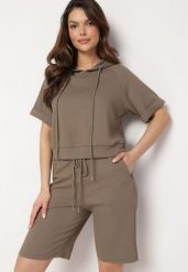 Zielony Komplet Dresowy z Bluzą z Krótkimi Rękawami i Szortami Helgia. Zielone bluzy z kapturem damskie Born2be, m, z dresówki. Za 139.99 zł.
