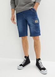 Bermudy dżinsowe typu cargo ze stretchem, regular fit. Niebieskie szorty męskie bonprix, bez wzorów, z jeansu, vintage. Za 149.99 zł.