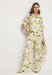 Żółty Komplet w Kwiatowy Wzór Koszula z Krótkim Rękawem i Spodnie Revailise. Żółte koszule damskie Born2be, bez wzorów, eleganckie. Za 149.99 zł.