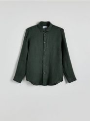 Lniana koszula regular fit - jasny zielony. Zielone koszule męskie Reserved, l, bez wzorów, bez kołnierzyka, bez ramiączek. Za 179.99 zł.