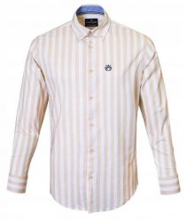 Biała, Lekko Taliowana Koszula Męska - Pako Jeans - Beżowy Prążek. Białe koszule męskie Pako Jeans, l, bez wzorów, z bawełny, bez kołnierzyka, bez ramiączek. Za 199.00 zł.